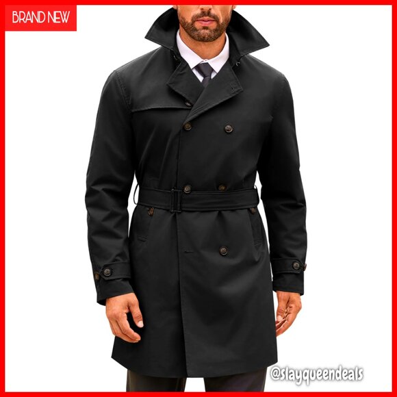 Men's Double Breasted Trench Coat Windbreaker Jacket With Belt Slim Fit
